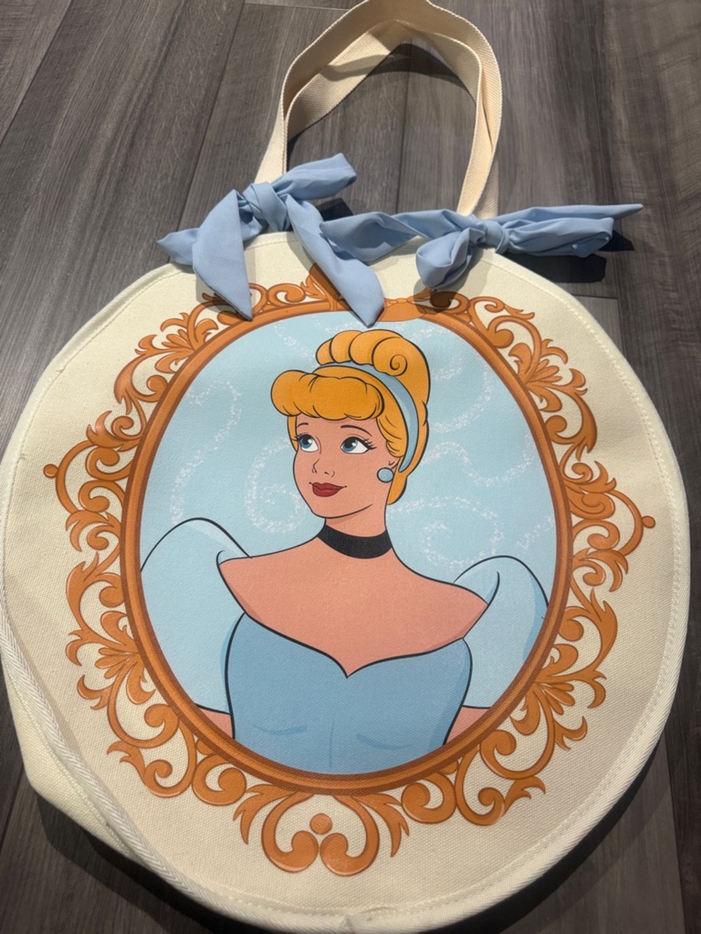 Cinderella Portrait Round Tote Bag in Cream and Light Blue